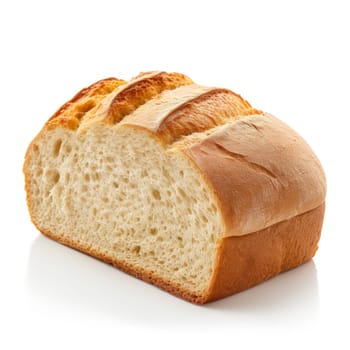 A classic white bread loaf with a golden crust, dusted with flour, isolated on white background