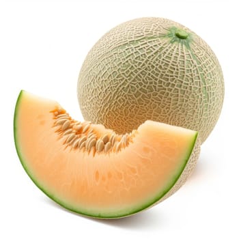 Whole cantaloupe melon with a fresh wedge cut out, isolated on white background