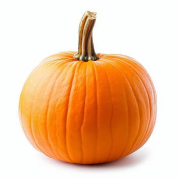 A vibrant orange pumpkin isolated on a white background, showcasing its smooth texture and natural look