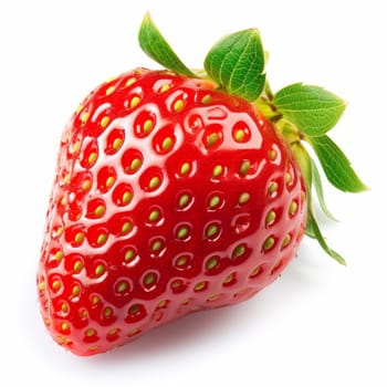 A vibrant red strawberry with fresh green leaves, isolated on a white background
