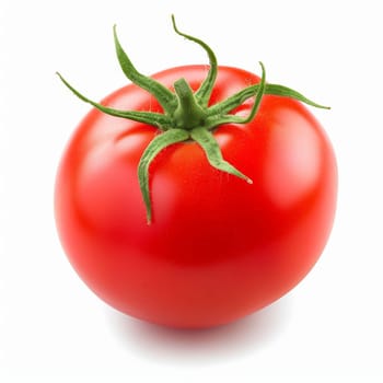 A vibrant red tomato with a fresh green stem, isolated a pure white background