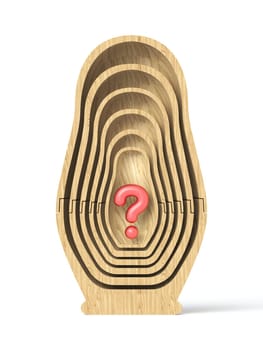 Wooden matryoshka with question mark inside 3D rendering illustration isolated on white background