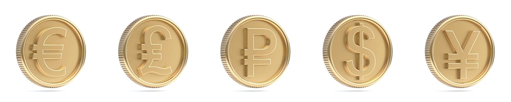 Golden coins currencies signs 3D rendering illustration isolated on white background