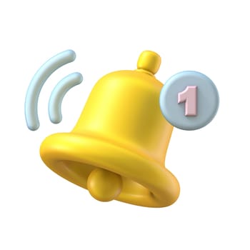 Notification bell number one badge 3D rendering illustration isolated on white background