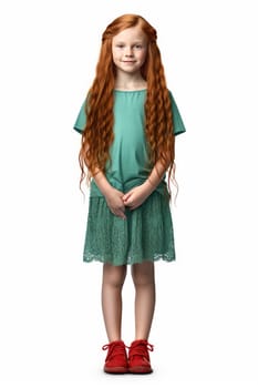 Happy girl with long red hair isolated on white background. artificial art