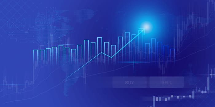 Business growth arrow up digital on blue dark background, investment graph technology circuit to success, financial data technology strategy, market chart profit money, abstract finance background