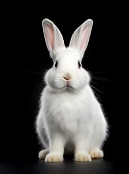 Sitting white Rabbit isolated on black background. artificial art
