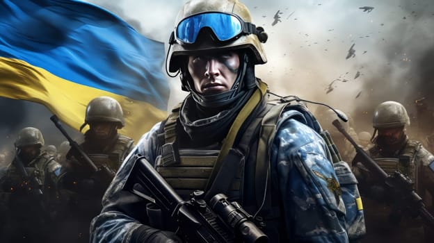 Symbol Photo Ukraine War with fictional Soldiers. artificial art