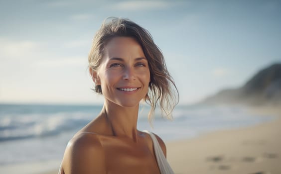Portrait from beautiful and happy woman at beach. artificial art
