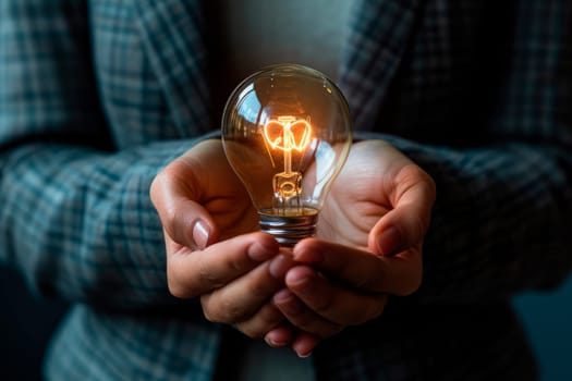 Business woman holding light bulb.Business and Innovative idea concept design. AI generated