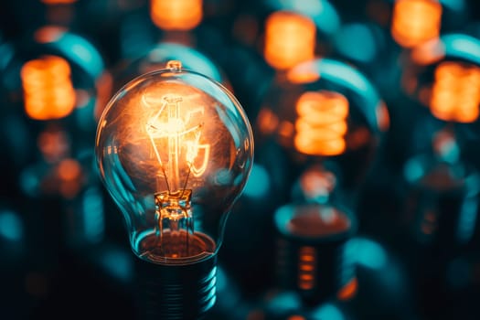 Group of light bulbs glow on dark background. Idea concept with innovation and inspiration. AI generated