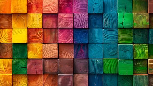 Abstract geometric rainbow colors colored wooden square cubes texture wall background.Spectrum of stacked multi-colored wooden blocks.  AI generated