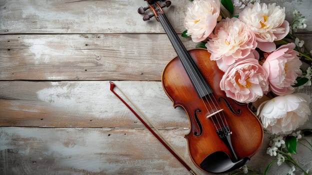 Violin and beautiful peony flowers lying on the rustic wooden background. Top view, flat lay. AI generated