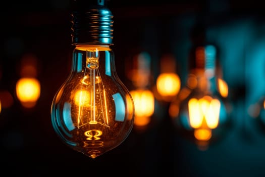 Group of light bulbs glow on black background. Idea concept with innovation and inspiration. AI generated