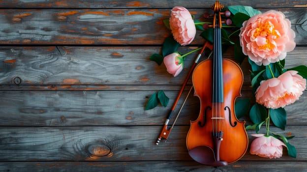 Violin and beautiful peony flowers lying on the rustic wooden background. Top view, flat lay. AI generated
