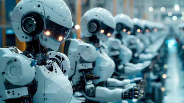 Group of robots working together on a segment of the assembly line, showcasing the harmony between technology. AI generated