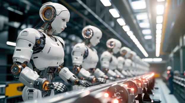 Robots in a smart factory. Assembly line. AI generated