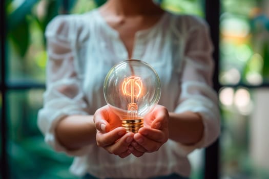 Ideas creativity concept, woman holding light bulb. AI generated