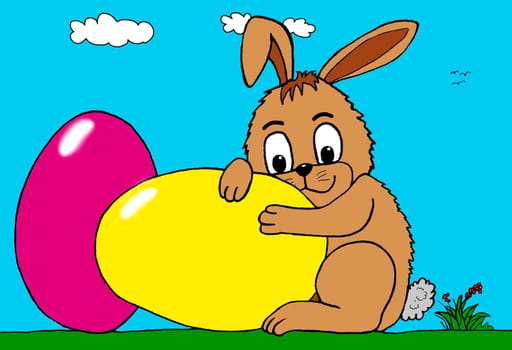 Little hand-drawn Easter bunny hugs two colorful Easter eggs on a green meadow.