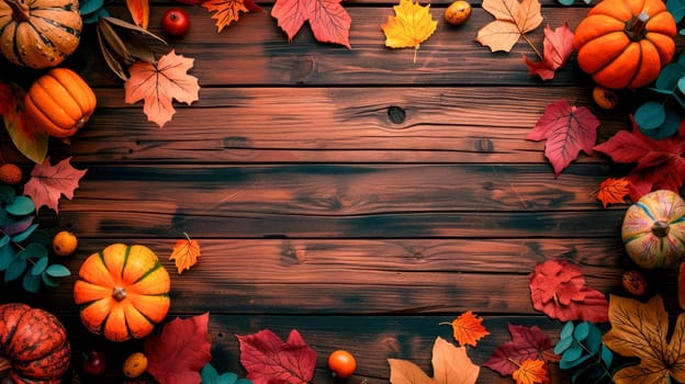Brown wooden background with vibrant autumn harvest accents. Copy space, flat lay, top view. AI generated
