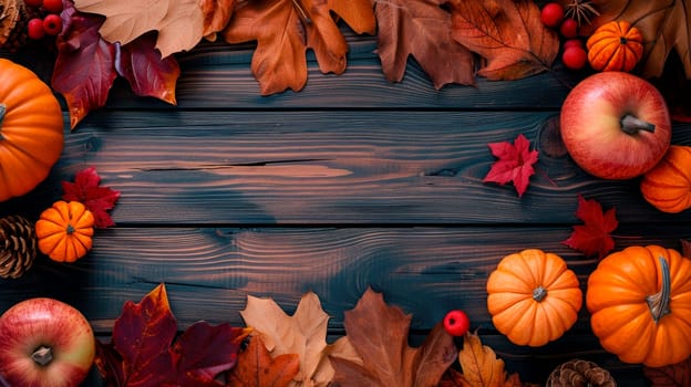 Rustic wooden background with vibrant autumn harvest accents. Copy space, flat lay, top view. AI generated