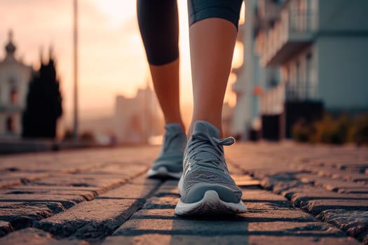 Young fitness female runner legs ready for run on a street. AI generated