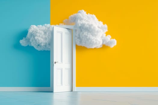 White cumulus clouds flying out the open door inside the empty blue and yellow painted room. AI generated