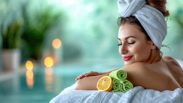 Beautiful young woman relaxing in spa salon. Body care concept.