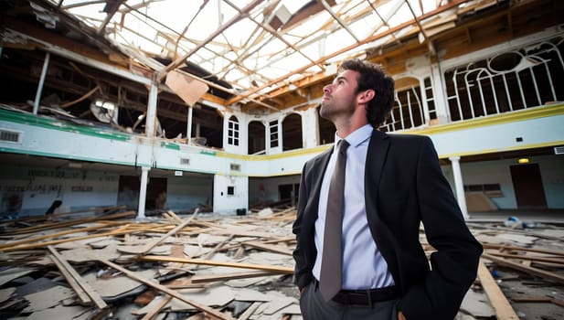 Young businessman stands arms crossed in ruined building