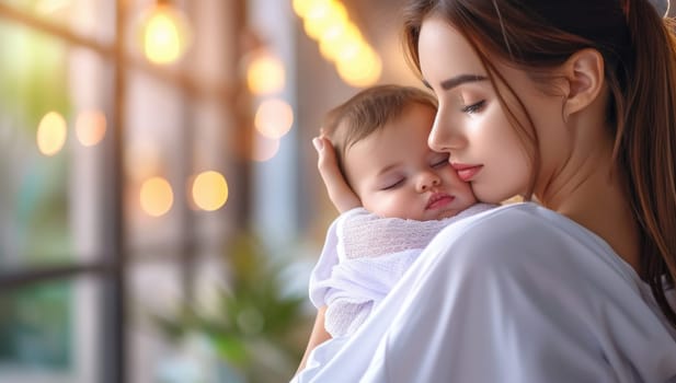Mother holding newborn baby at home