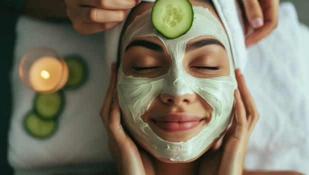 Beautiful young woman with cucumber facial mask at spa salon.