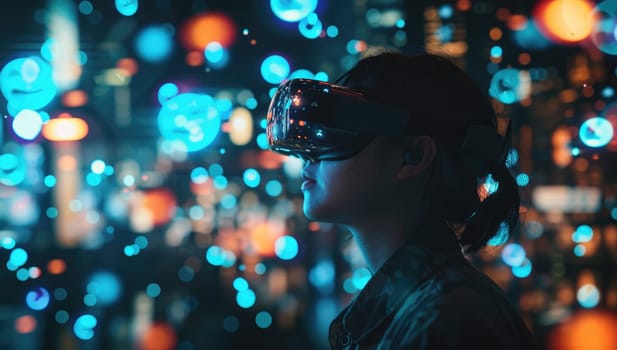 Woman immersed in virtual reality amidst city lights