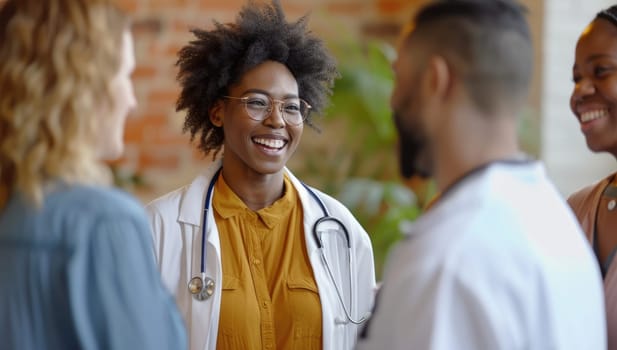 African American female doctor discussing with diverse medical team
