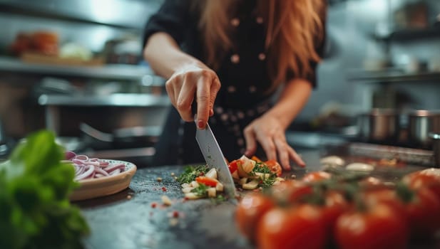Woman preparing fresh salad in modern kitchen
