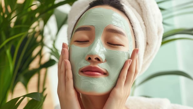 Young woman with green facial mask at spa salon. Beauty treatment.