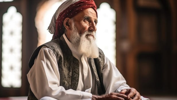 Elderly man with white beard in mosque