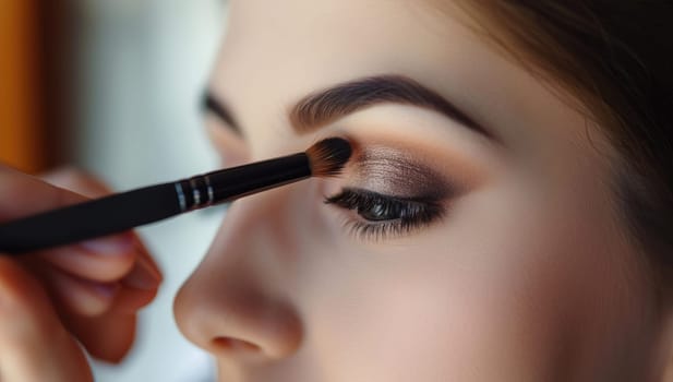 Make-up artist applying mascara on eyelashes of young beautiful woman