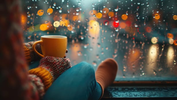 Woman sitting on a window sill with a cup of hot drink at rainy day