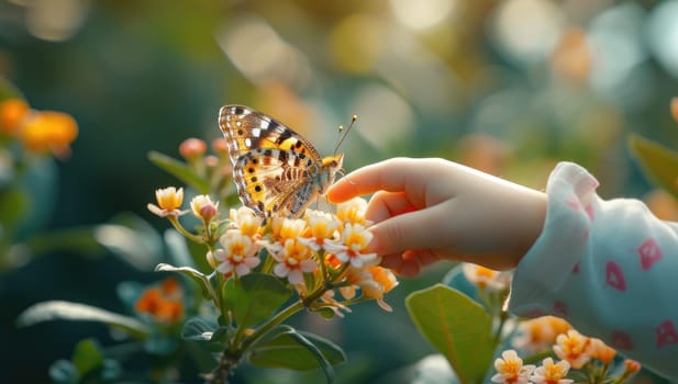 Child touching butterfly on blooming flowers