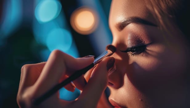 Makeup artist applying eyeshadow on model face in beauty salon