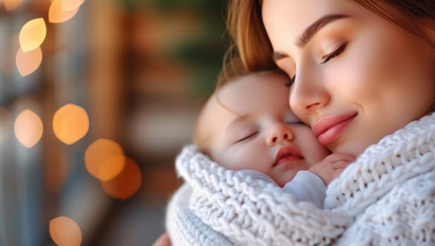 Young mother with her newborn baby in a warm knitted scarf