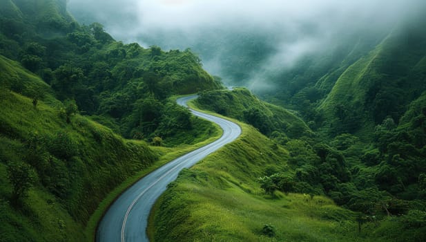 Winding road in the mountains in the mist. Beautiful landscape.