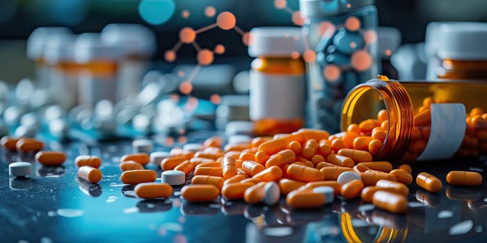 Orange pills spilling from bottle on dark surface