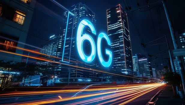 6G illuminated in blue against cityscape at night