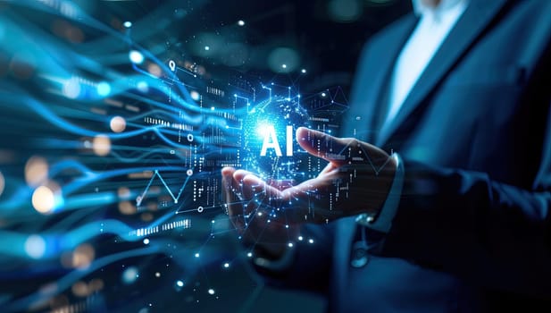 Man holding illuminated AI text surrounded by digital interface