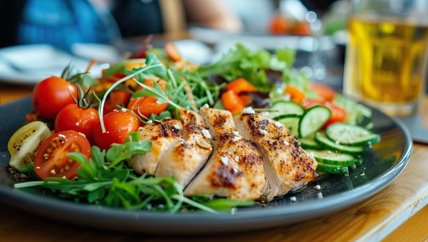 Grilled chicken fillet and vegetable salad on wooden restaurant table