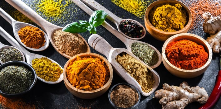 Composition with assortment of spices and herbs.