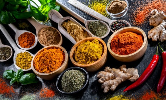Composition with assortment of spices and herbs.