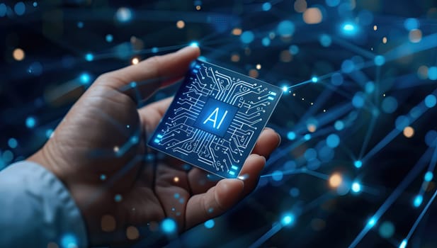 Men holding illuminated AI chip connected to digital network
