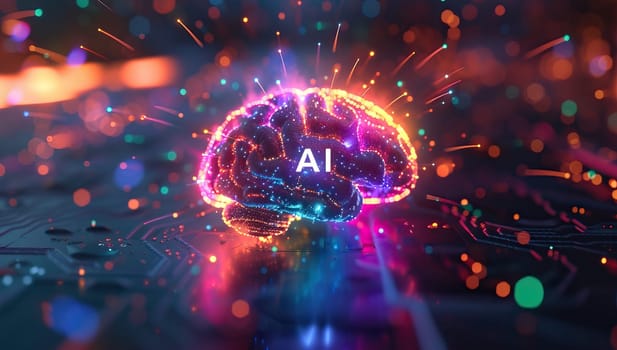 Illuminated brain symbolizing artificial intelligence on circuit board. Artificial intelligence AI and machine learning concept.